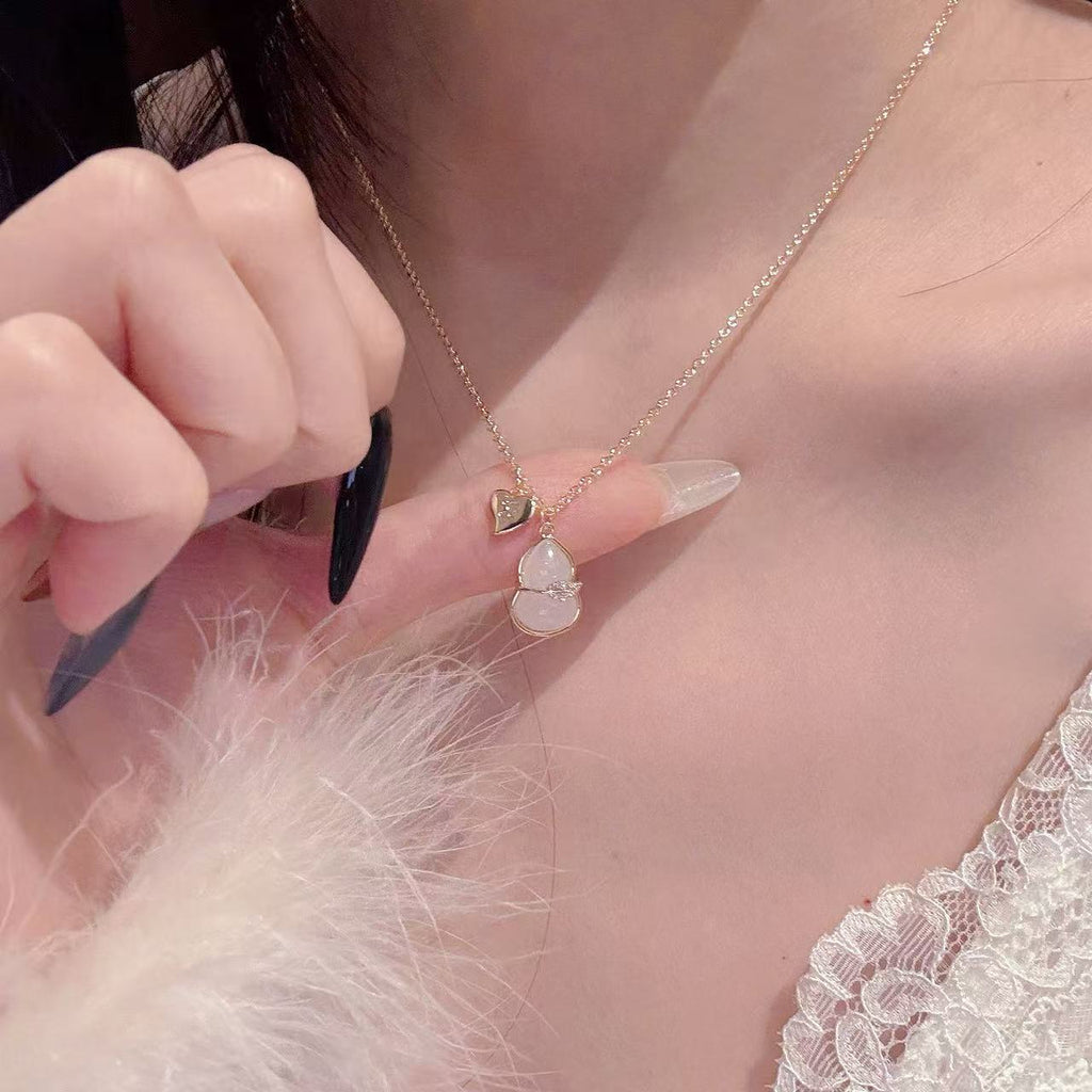 White Jade Glass Gourd Pendant Necklace, Elegant Lucky Fashion Neck Chain