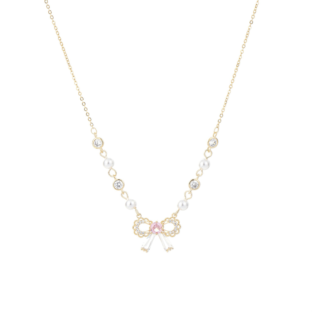 Lace Bow Pearl Clavicle Necklace, Vintage French Sweet Luxury Women Daily Neck Jewelry