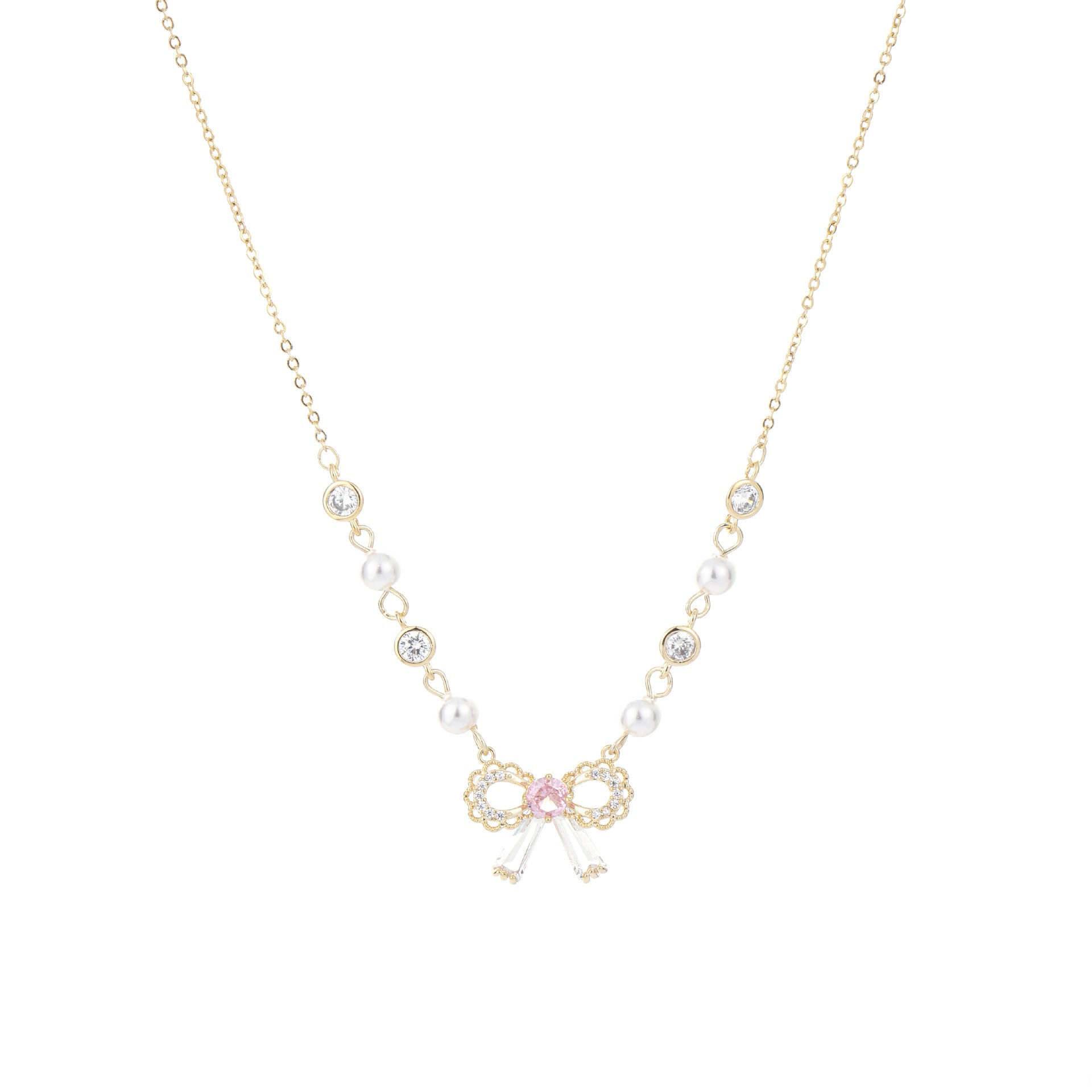 Lace Bow Pearl Clavicle Necklace, Vintage French Sweet Luxury Women Daily Neck Jewelry