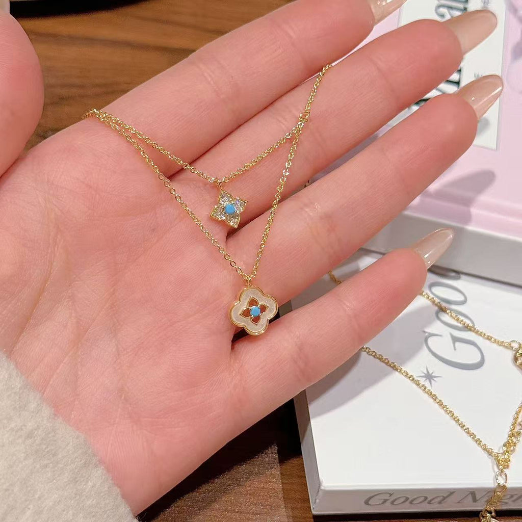 Four-leaf Clover Zircon Layered Necklace, Elegant Luxury Daily Fashion Pendant
