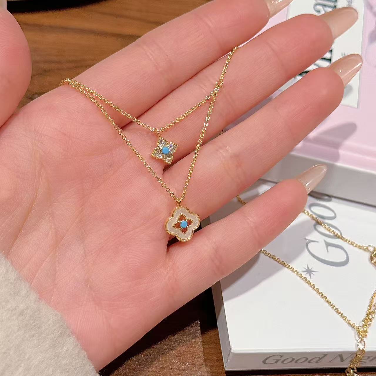 Four-leaf Clover Zircon Layered Necklace, Elegant Luxury Daily Fashion Pendant
