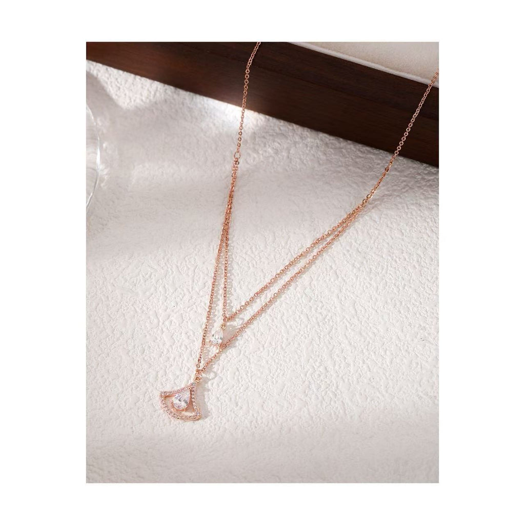 Double Layer Stackable Ginkgo Leaf & Teardrop Cubic Zirconia Clavicle Necklace, Minimalist Luxury Niche Design All-Match Dainty Choker Jewelry