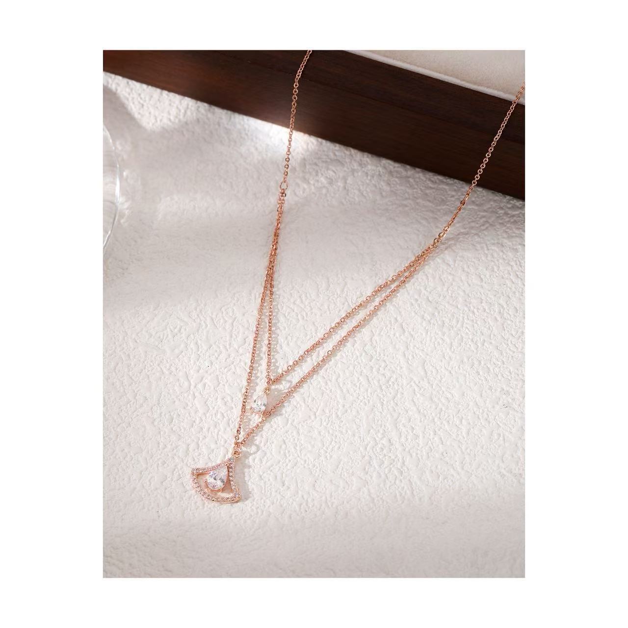 Double Layer Stackable Ginkgo Leaf & Teardrop Cubic Zirconia Clavicle Necklace, Minimalist Luxury Niche Design All-Match Dainty Choker Jewelry