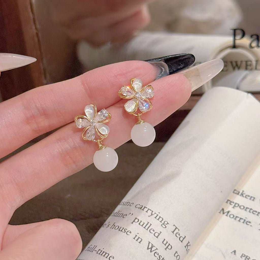 Flower White Jade Bead Earrings, Luxury Niche Elegant Ear Jewelry, Gentle Style Exquisite Versatile Stud Earrings