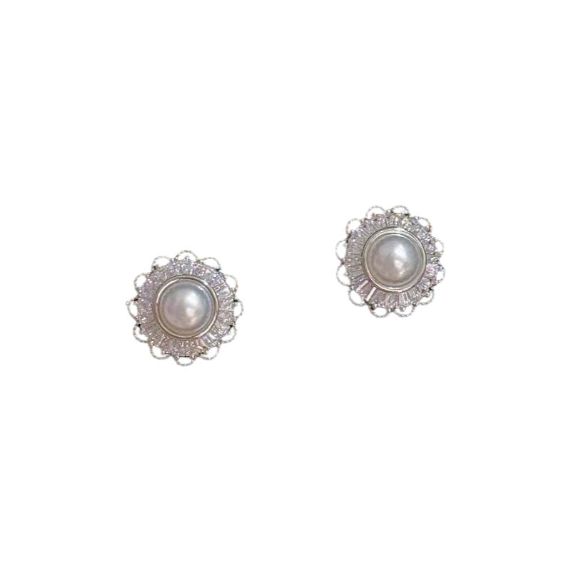 Vintage Sunflower Pearl Stud Earrings, S925 Sterling Silver Needle Earrings, Luxury Elegant Exquisite All-match Jewelry