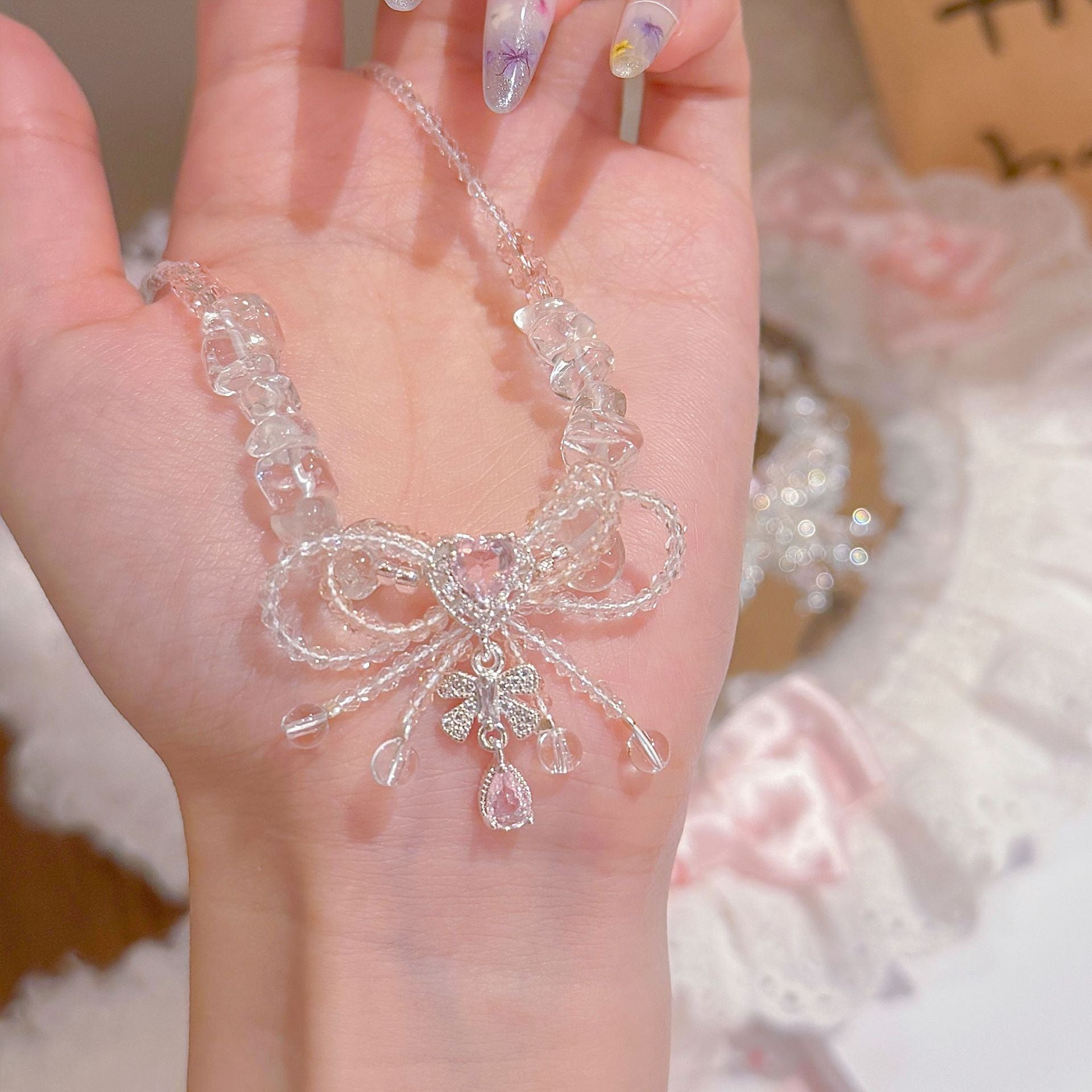 Shiny Crystal Bow Pendant Necklace, Sweet Girly Daily Fashion Neck Chain