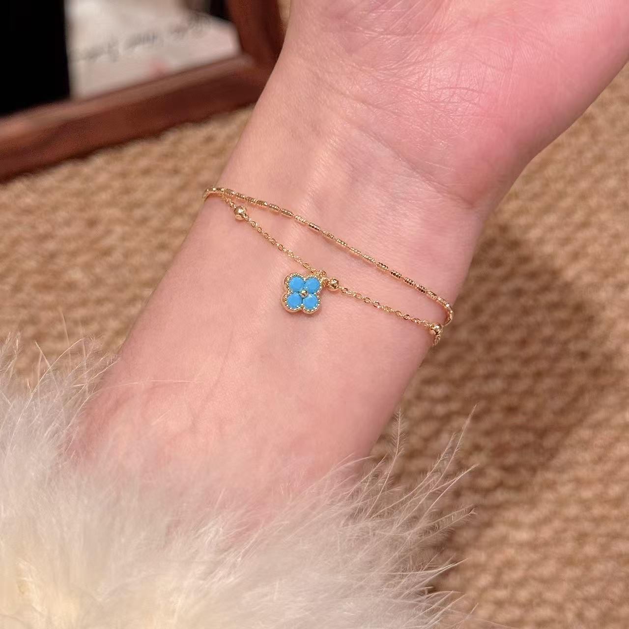Double Layer Lucky Clover Bracelet, Retro Elegant Light Luxury Women Daily Bracelet