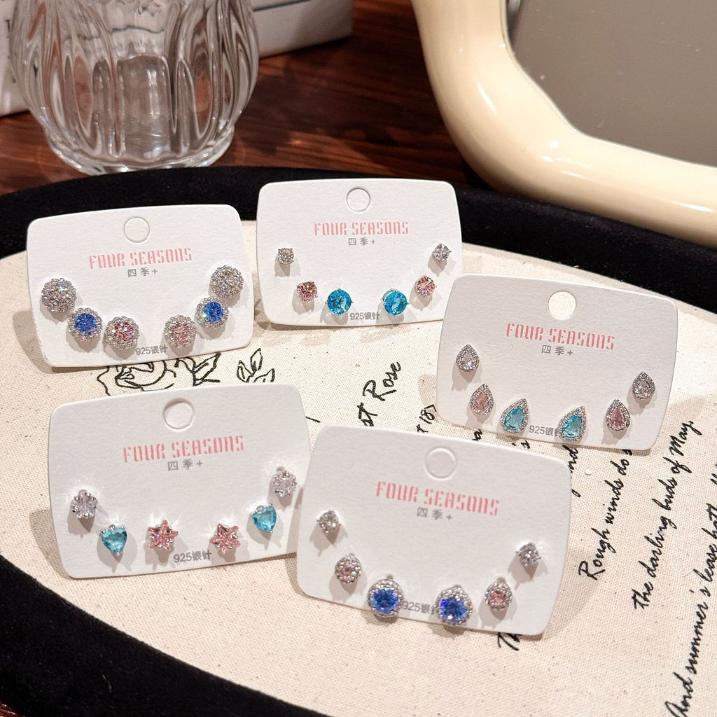 Women 3 Pairs Bling Bling Crystal Ear Studs Colorful Simple Style Silver Needle Ear Piercing Accessories Ear Healing Earrings Set