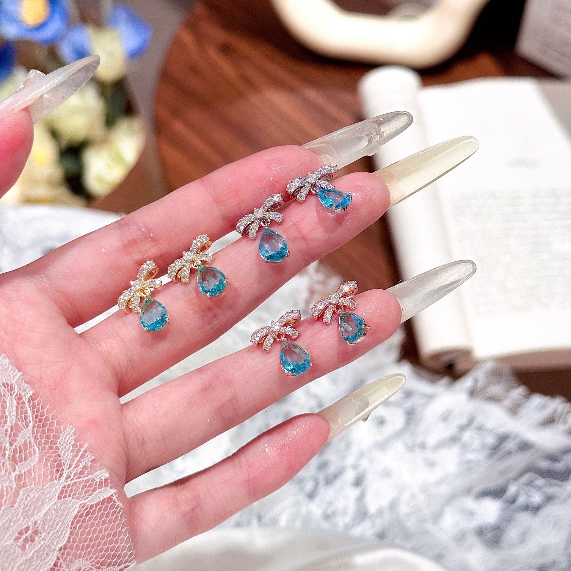 Water Drop Color Zircon Earrings, French Shiny Bow Stud Earrings, Luxury Elegant Niche Exquisite Jewelry