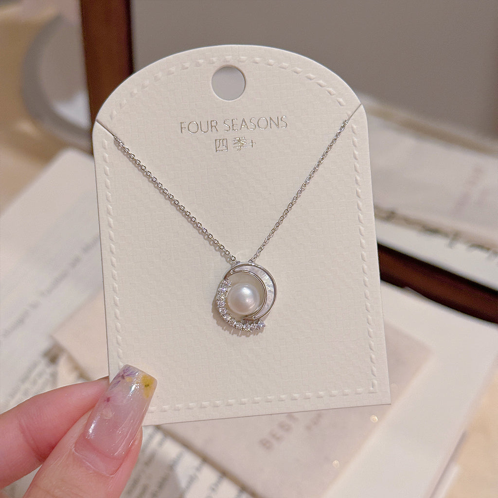 Niche Luxury Round Hoop & Crescent Moon Pearl Pendant Necklace, Dainty Elegant All-Match Office Commute Choker Jewelry