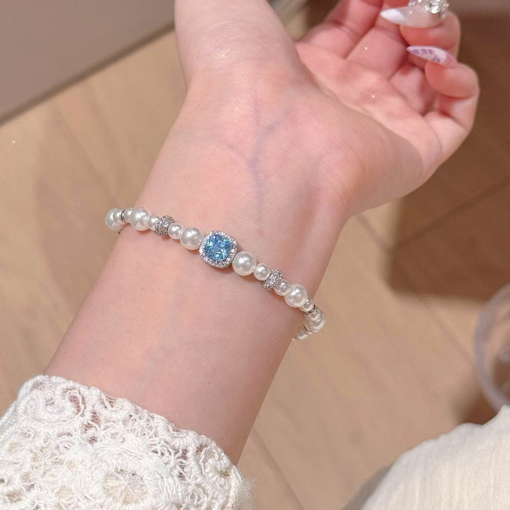 Custom Aquamarine Pearl Bracelet, High Gloss Luxury Elegant Wrist Jewelry, Niche Design All-match Fashion Bracelet