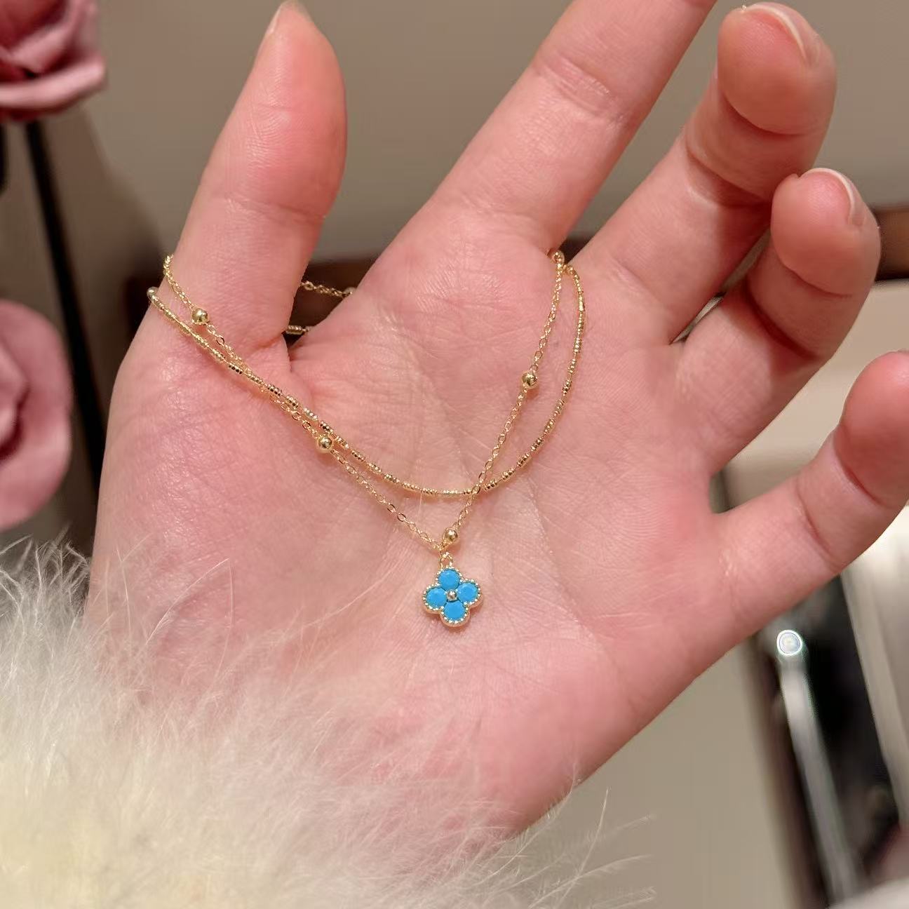Double Layer Lucky Clover Bracelet, Retro Elegant Light Luxury Women Daily Bracelet