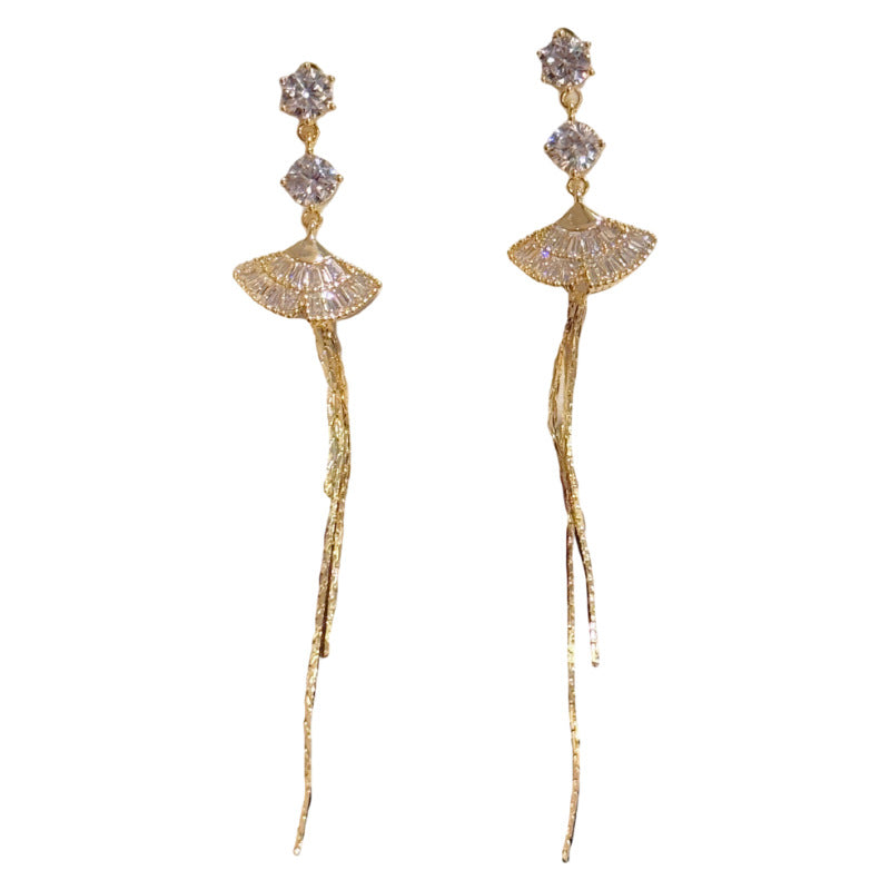 Aesthetic Fan Shape Tassel Drop Earrings, Luxury Dainty S925 Sterling Silver Post All-Match Elegant Women Ear Jewelry