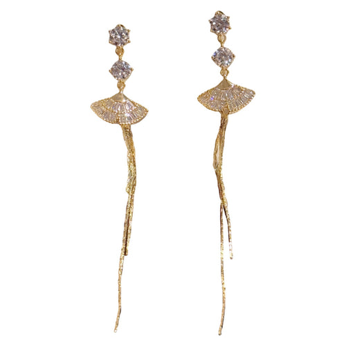 Aesthetic Fan Shape Tassel Drop Earrings, Luxury Dainty S925 Sterling Silver Post All-Match Elegant Women Ear Jewelry