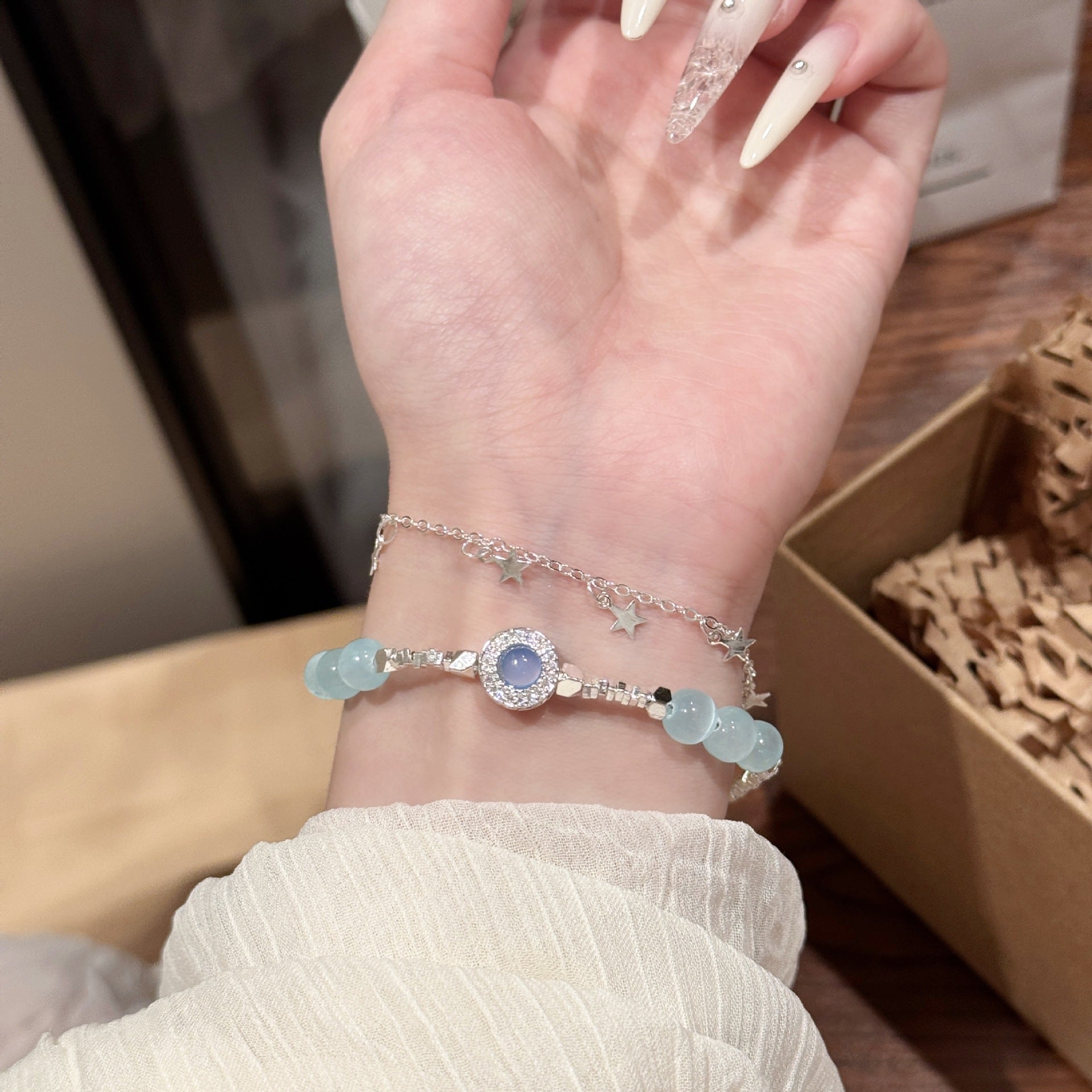Aquamarine Cat Eye Stone Bracelet, Delicate Crushed Silver Temperament Women Daily Bracelet