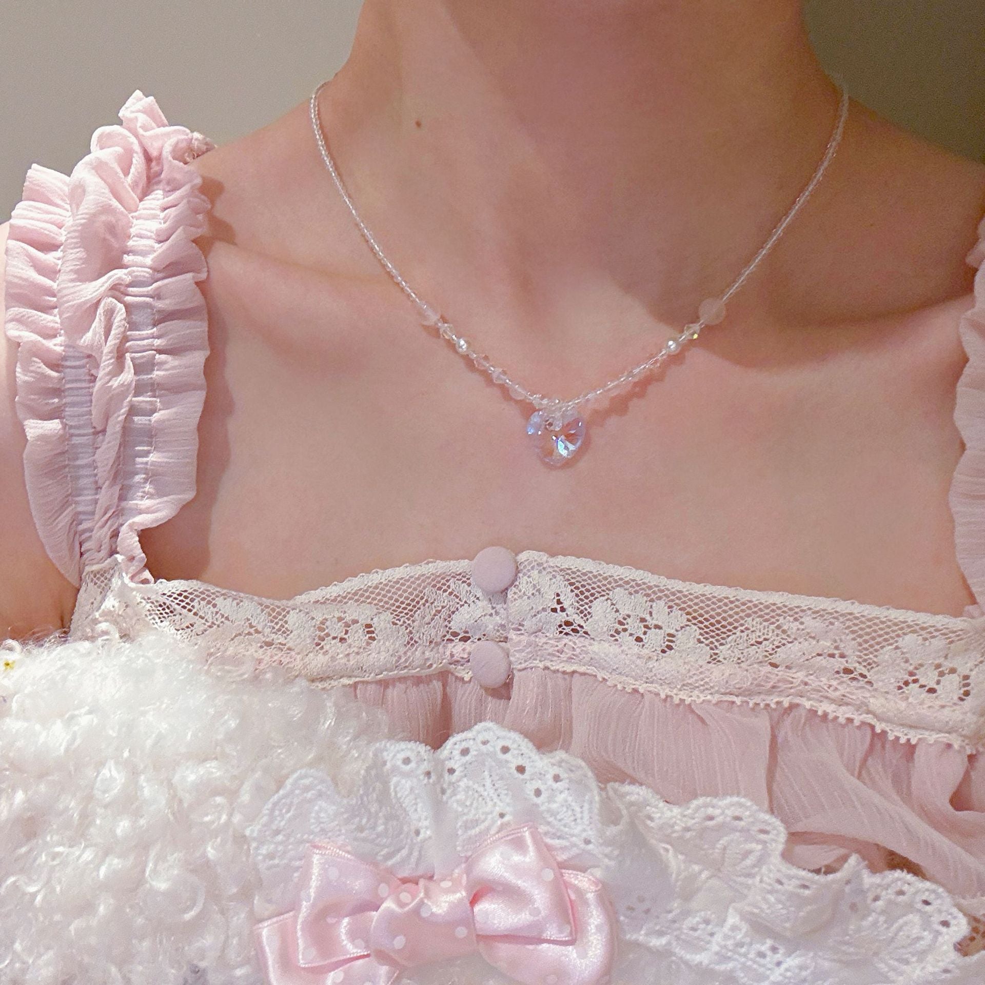 Summer Colorful Heart Necklace Dainty Luxury Clavicle Chain Fresh Dopamine Sweet Elegant Jewelry for Women