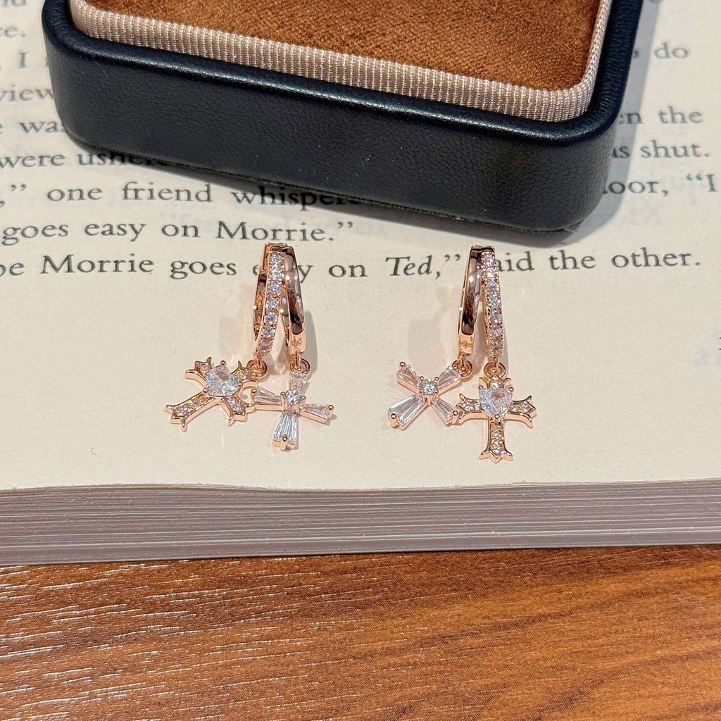 Luxury Bling Double Cross CZ Hoop Earrings Trendy Ladies Daily Earring