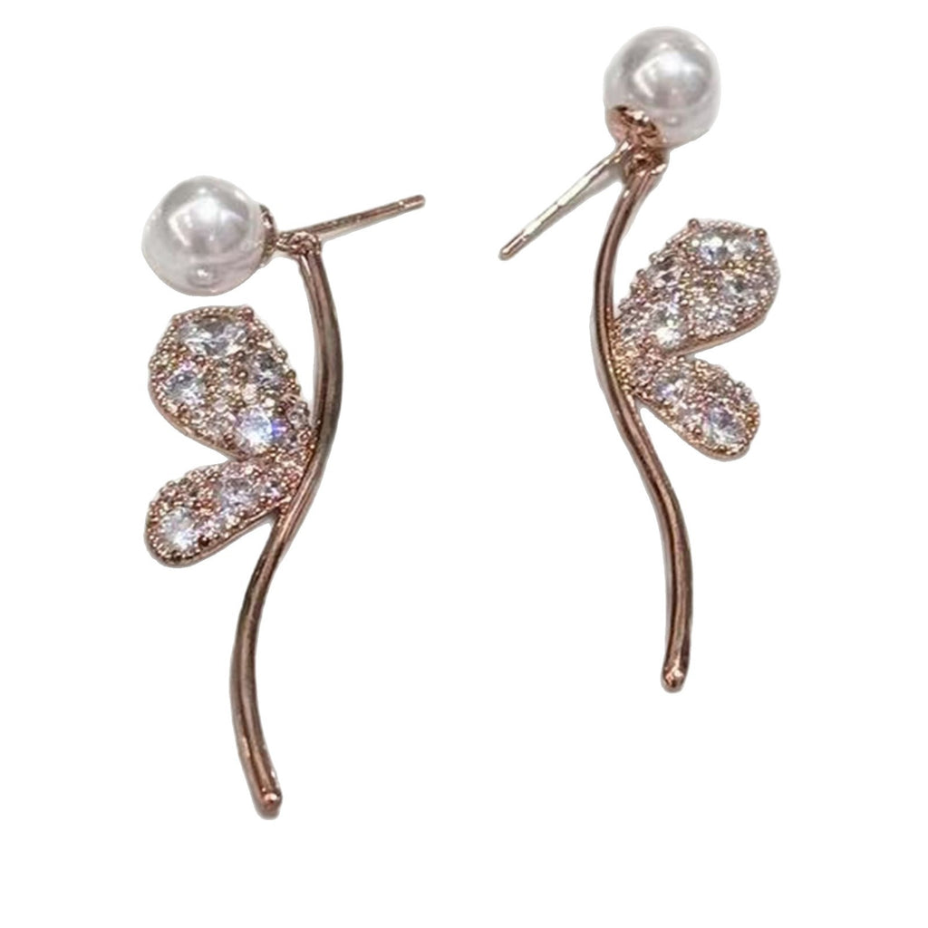 Four Seasons Elegant Long Butterfly Drop Earrings, Luxury Full Paved Rhinestone Pearl Dangle Earrings for Women, Minimal Stylish Fine Jewelry