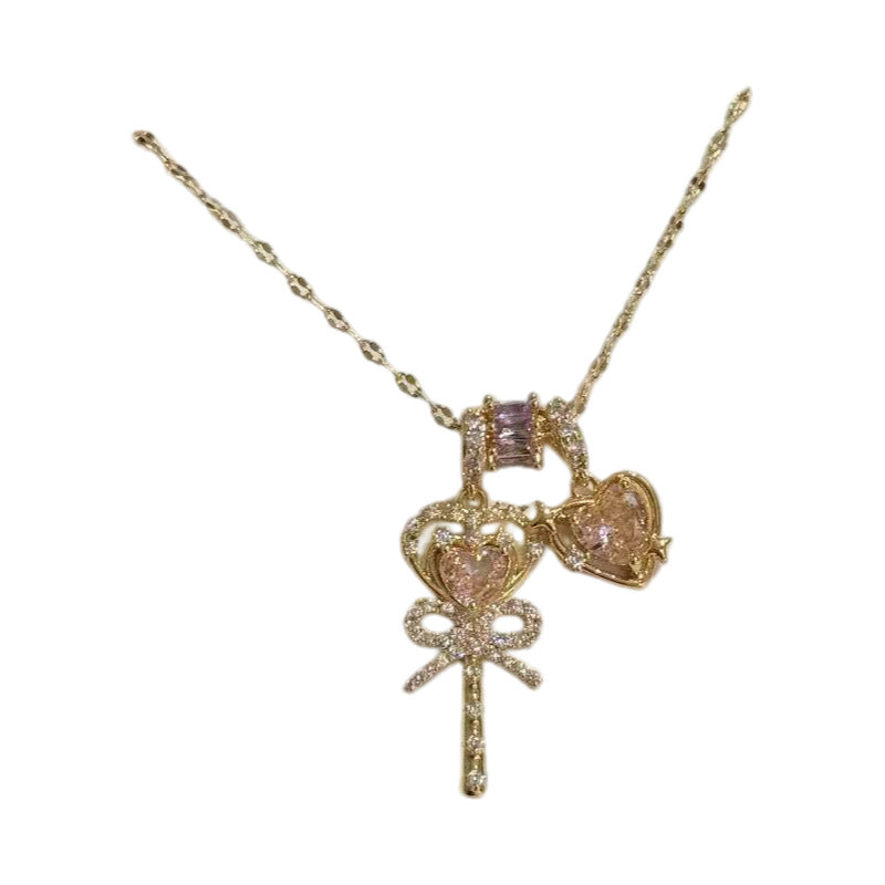 Pink Diamond Magic Wand Necklace Sweet Princess Style Luxury All-match Women Neck Chain