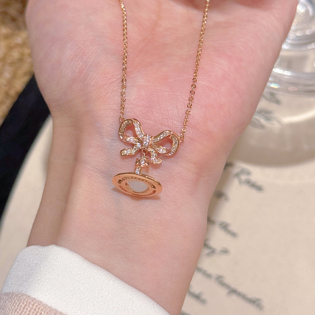 Sweet Luxury Bow Saturn Cat Eye Clavicle Necklace Ladies Daily Pendant Chain