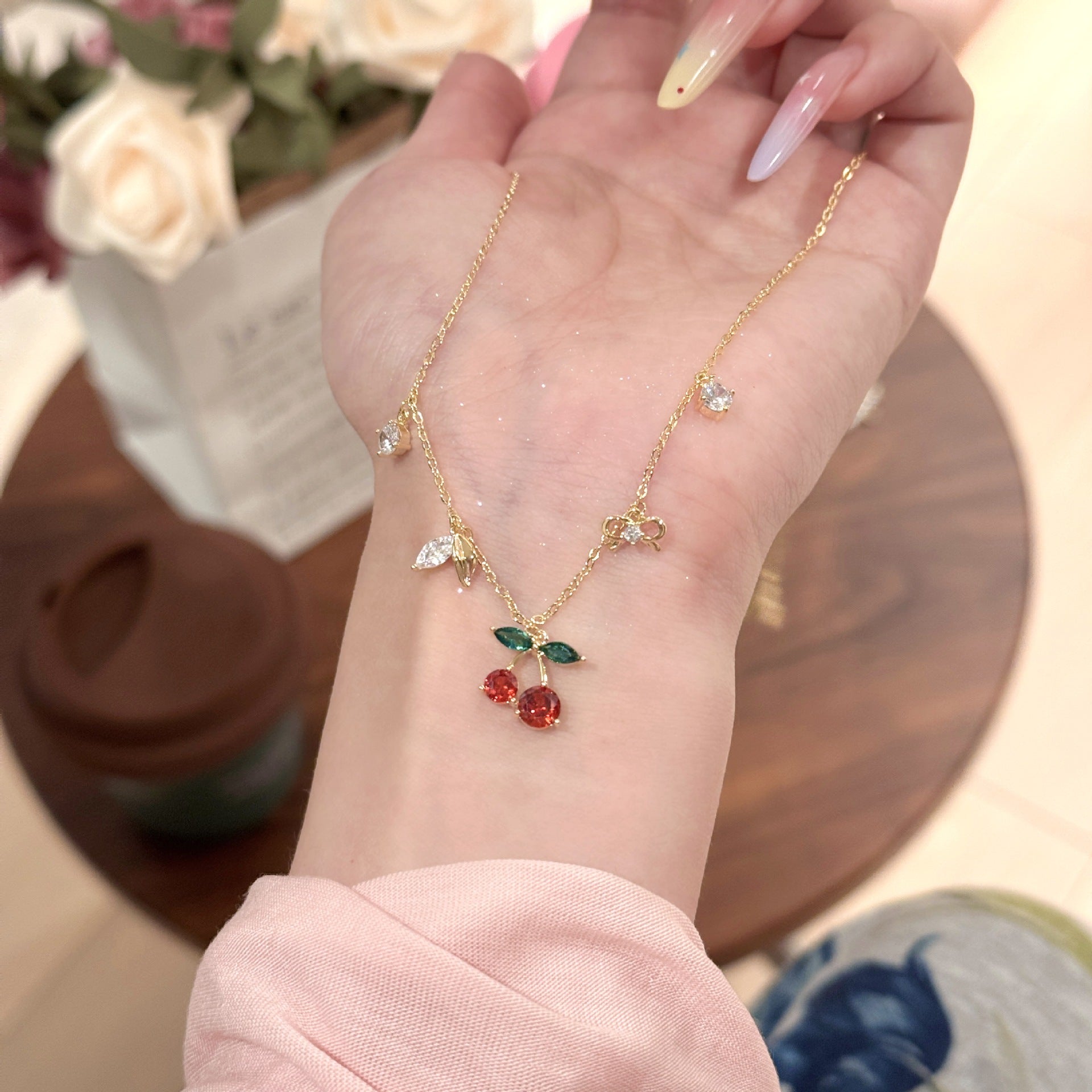 Red Cherry Necklace and Earrings Jewelry Set, Niche Luxury Elegant Clavicle Chain, Exquisite Temperament Fashion Accessories Set for Women