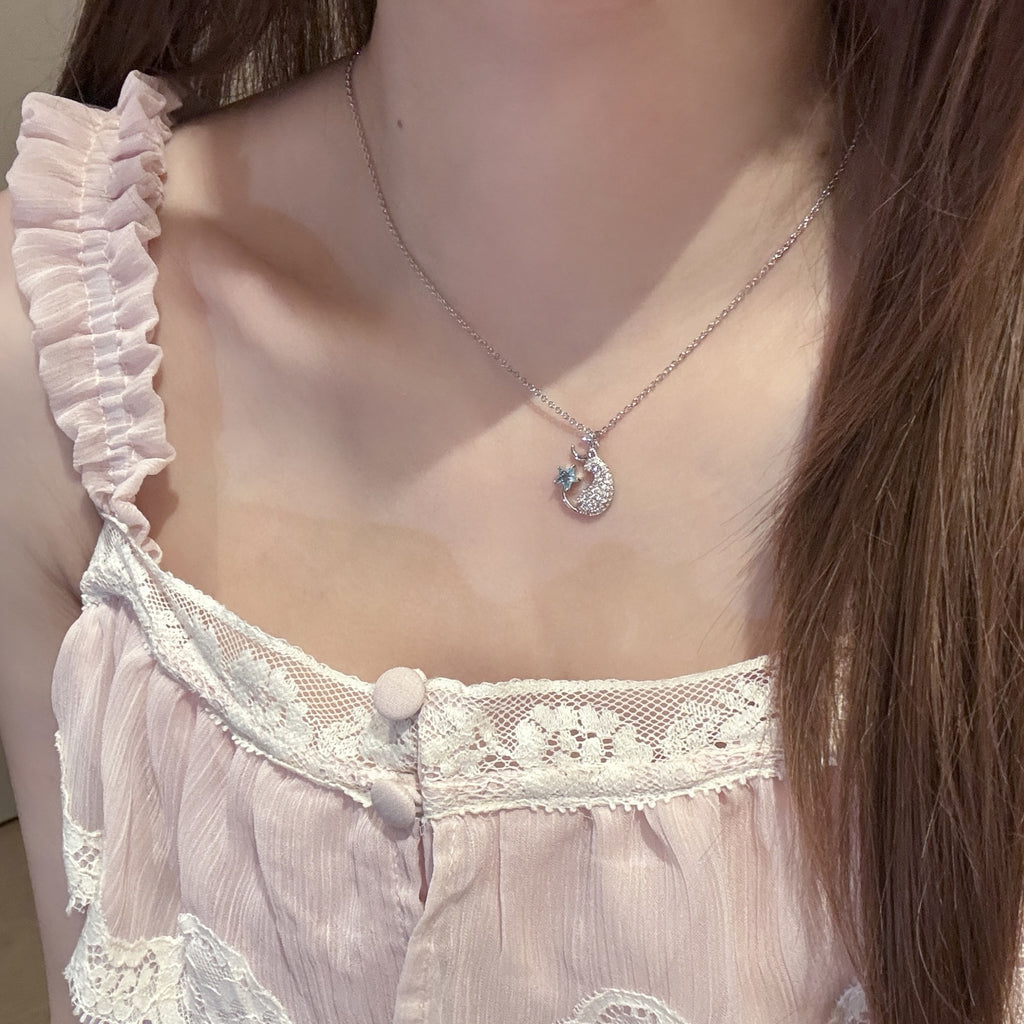 Lazy Cat Star Moon Pendant Necklace, Light Luxury Niche Elegant Clavicle Chain, Sweet Exquisite Versatile Women Jewelry