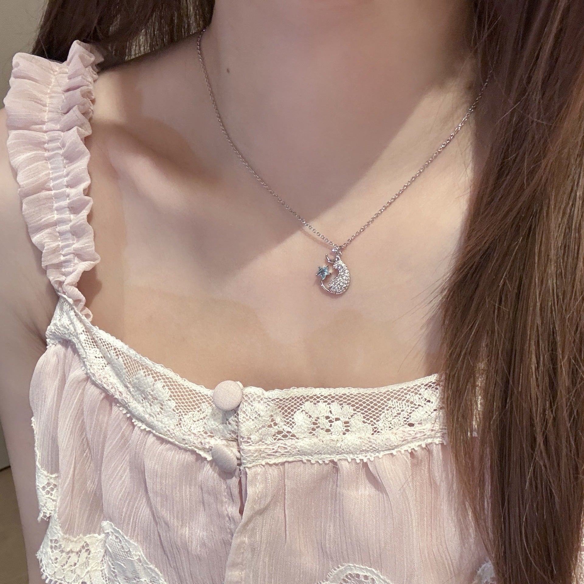 Lazy Cat Star Moon Pendant Necklace, Light Luxury Niche Elegant Clavicle Chain, Sweet Exquisite Versatile Women Jewelry