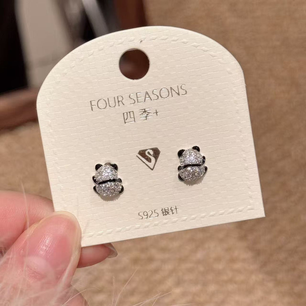 Panda Zircon Stud Earrings, Luxury Cute Silver Needle Earrings, Fashion Niche Versatile Animal Ear Jewelry