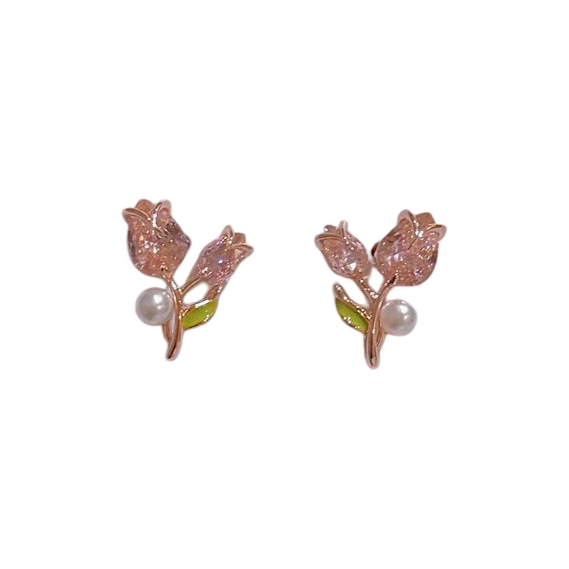 Tulip Pearl S925 Silver Earrings, Fresh Sweet Daily Girly Studs