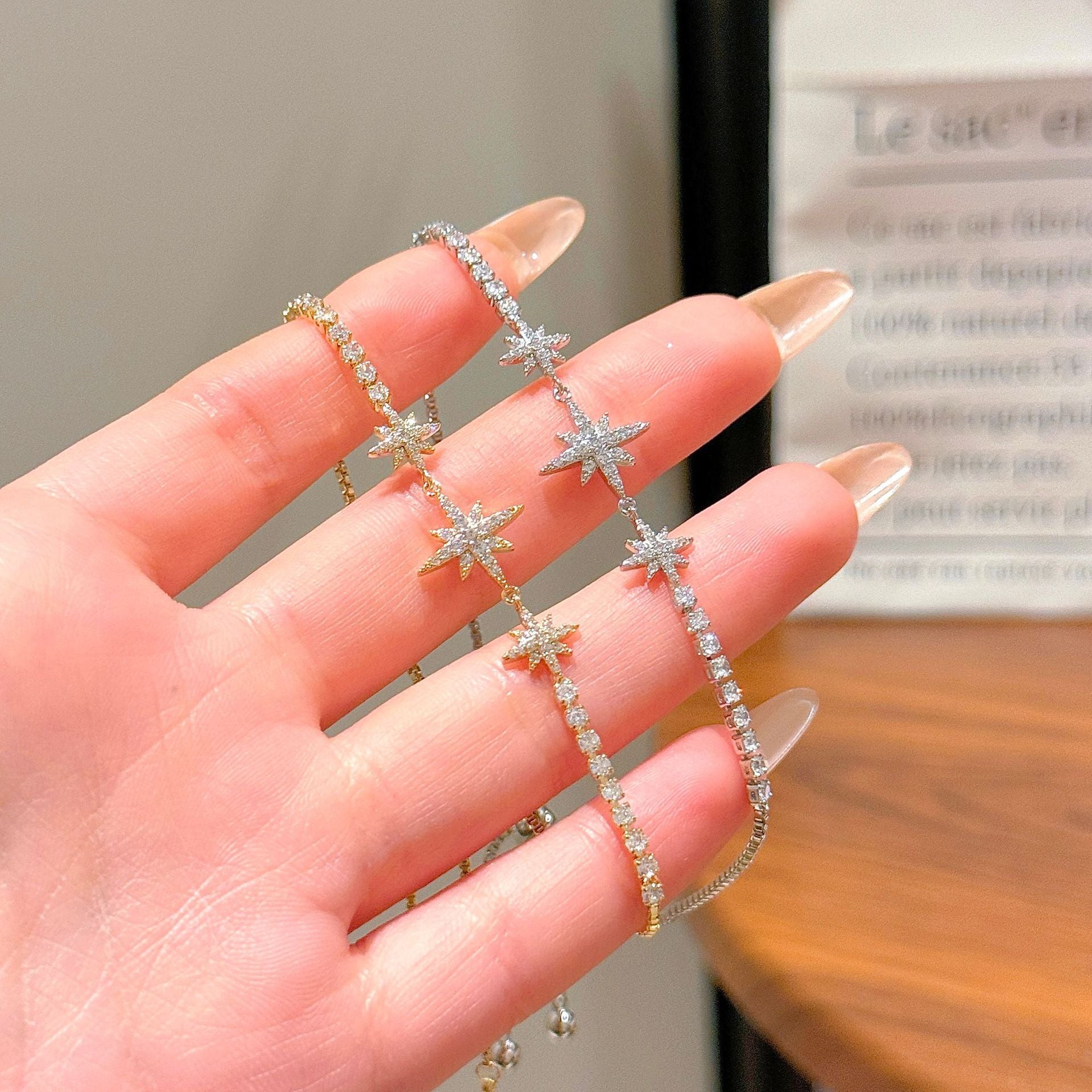 Six Pointed & Eight Pointed Star Cubic Zirconia Bracelets for Women, Korean Style Luxury Sparkling Dainty Versatile Daily Fine Wrist Jewelry