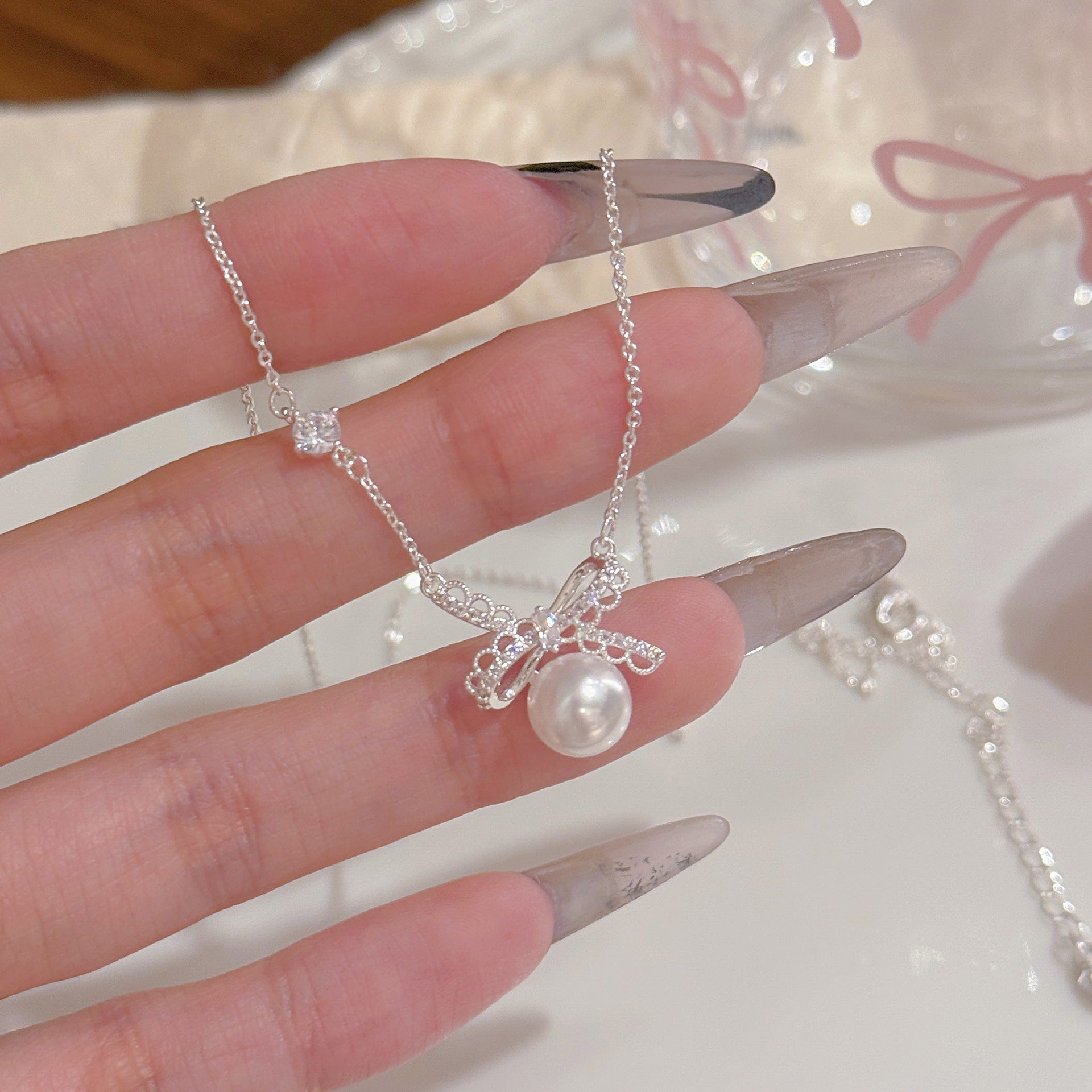 Lace Bow Pearl Clavicle Necklace, Noble Luxury Elegant Daily Fashion Jewelry