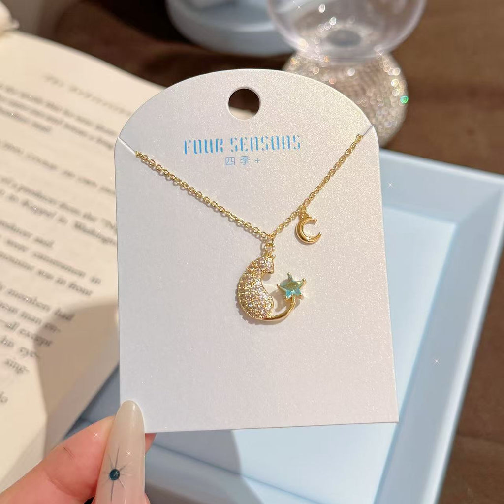 Lazy Cat Star Moon Pendant Necklace, Light Luxury Niche Elegant Clavicle Chain, Sweet Exquisite Versatile Women Jewelry