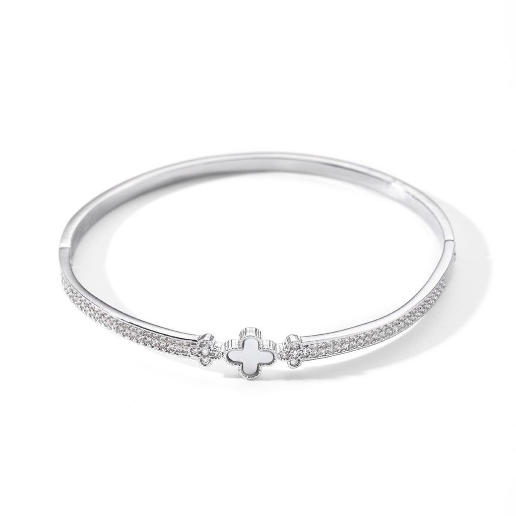 Hot Selling Four-Leaf Clover Cubic Zirconia Bangle, Minimal Luxury Niche Lucky Clover Bracelet, Elegant All-Match Daily Stackable Wrist Jewelry