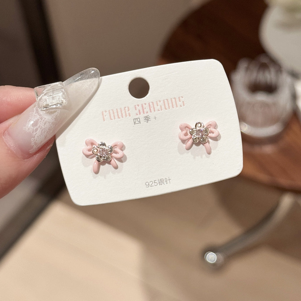 Retro Blue Bow S925 Silver Earrings, Cute Contrast Color Daily Ear Studs