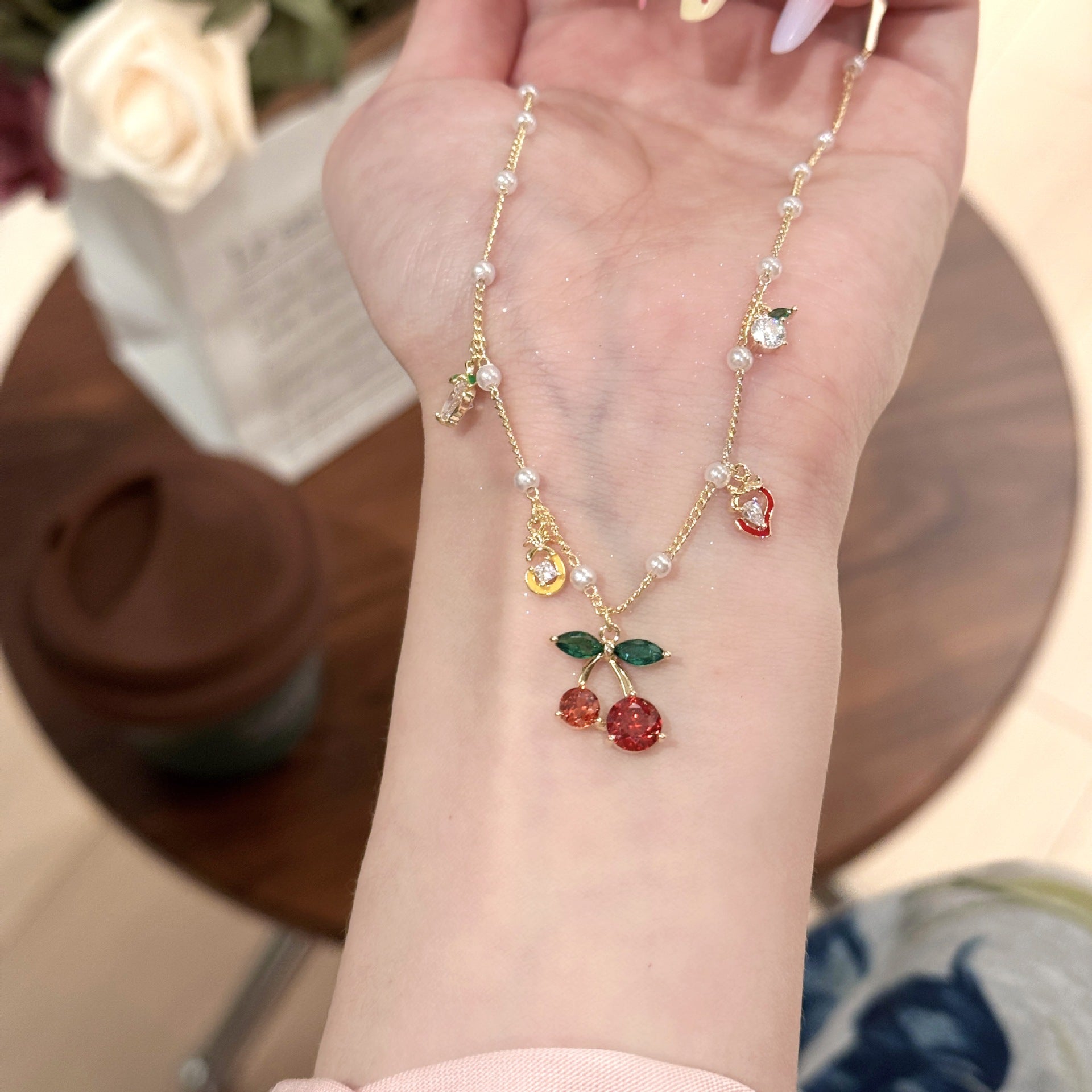 Red Cherry Necklace and Earrings Jewelry Set, Niche Luxury Elegant Clavicle Chain, Exquisite Temperament Fashion Accessories Set for Women