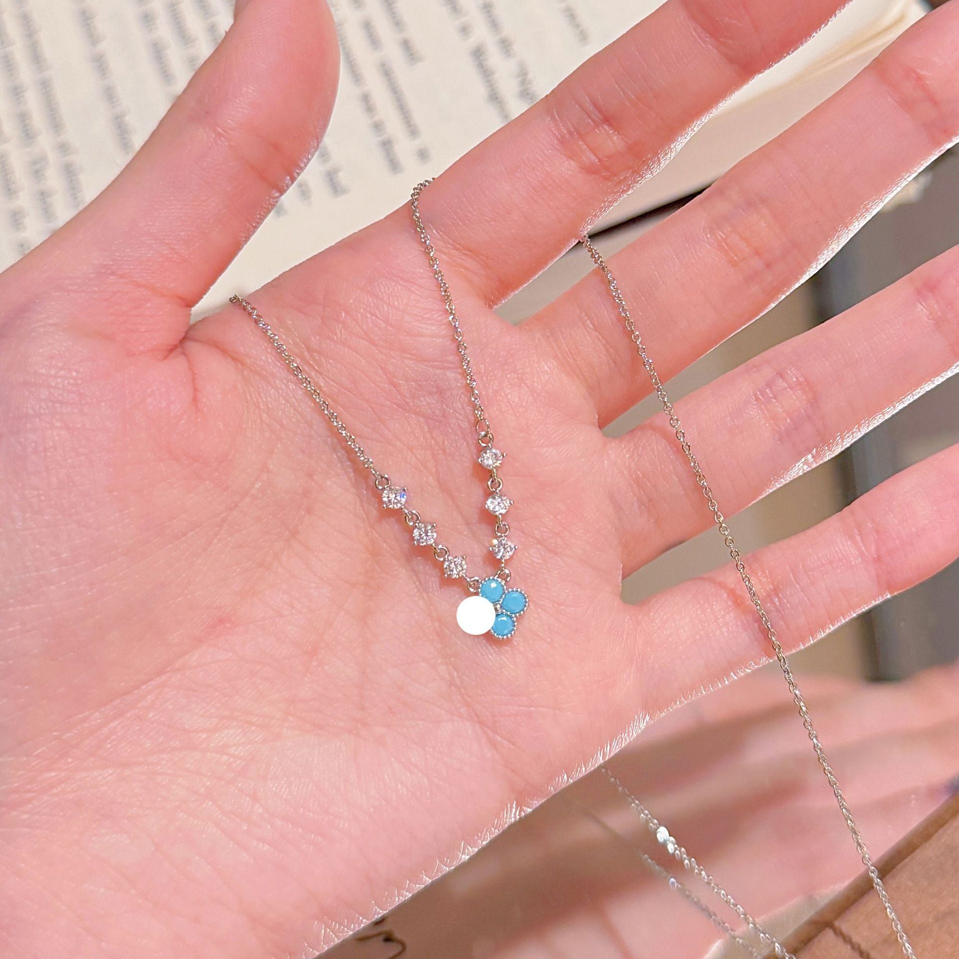 Blue Turquoise Floral Pendant Necklace, Delicate Premium Fashion Accessories, Daily Wear Clavicle Chain