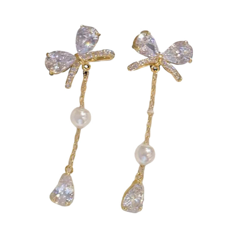 Bow Water Drop Pearl Tassel Earrings, S925 Sterling Silver Posts, Luxury Sweet Dainty Elegant Drop Stud Earrings