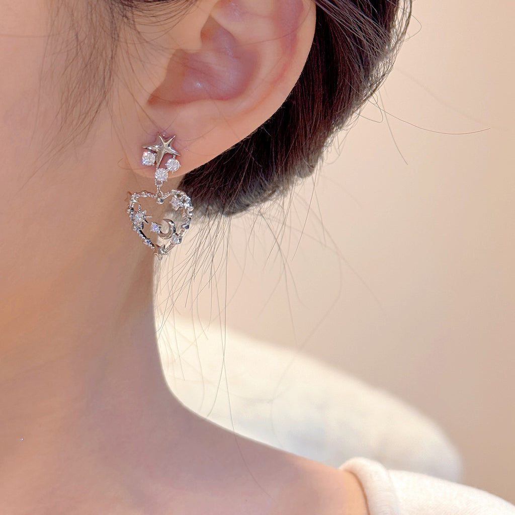 Sweet Heart Moon Cubic Zirconia Dangle Earrings, Minimal Fresh High-End Dainty Drop Ear Jewelry for Women Daily Commute