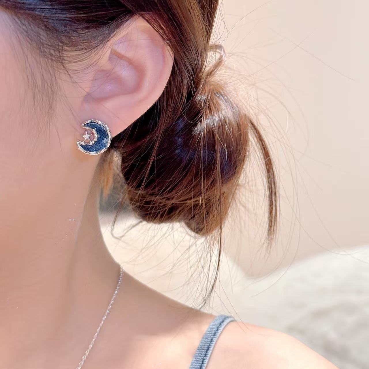 Autumn Winter Fashion Accessories Denim Bow Earrings Star Moon Earrings, Exquisite High-end Versatile Earrings & Matching Necklace Jewelry Set for Women