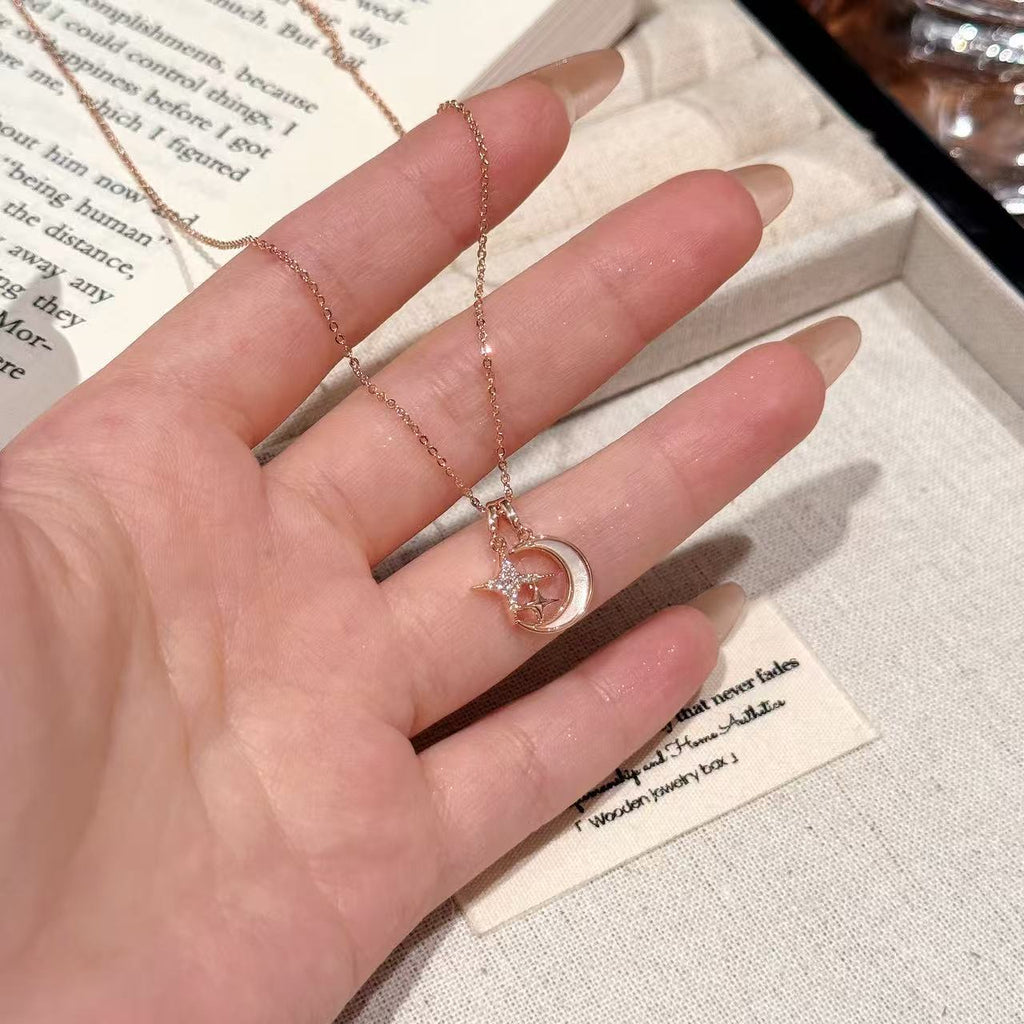Natural Shell Star Moon Necklace, Niche Light Luxury Clavicle Chain, Elegant Trendy Japanese Korean Style Fashion Jewelry for Women