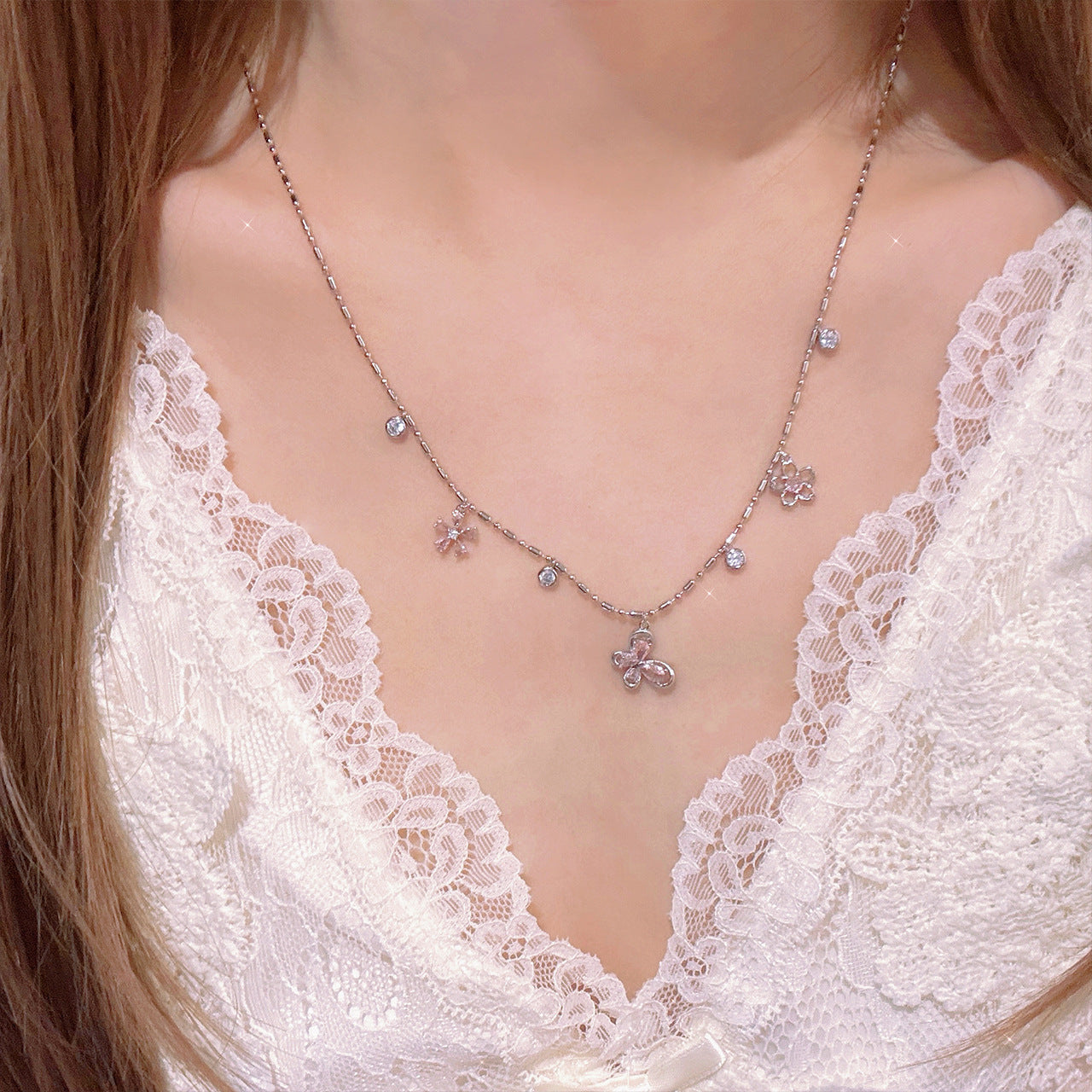 Vintage Butterfly & Flower Clavicle Necklace, Sweet Feminine Dainty Pendant Chain
