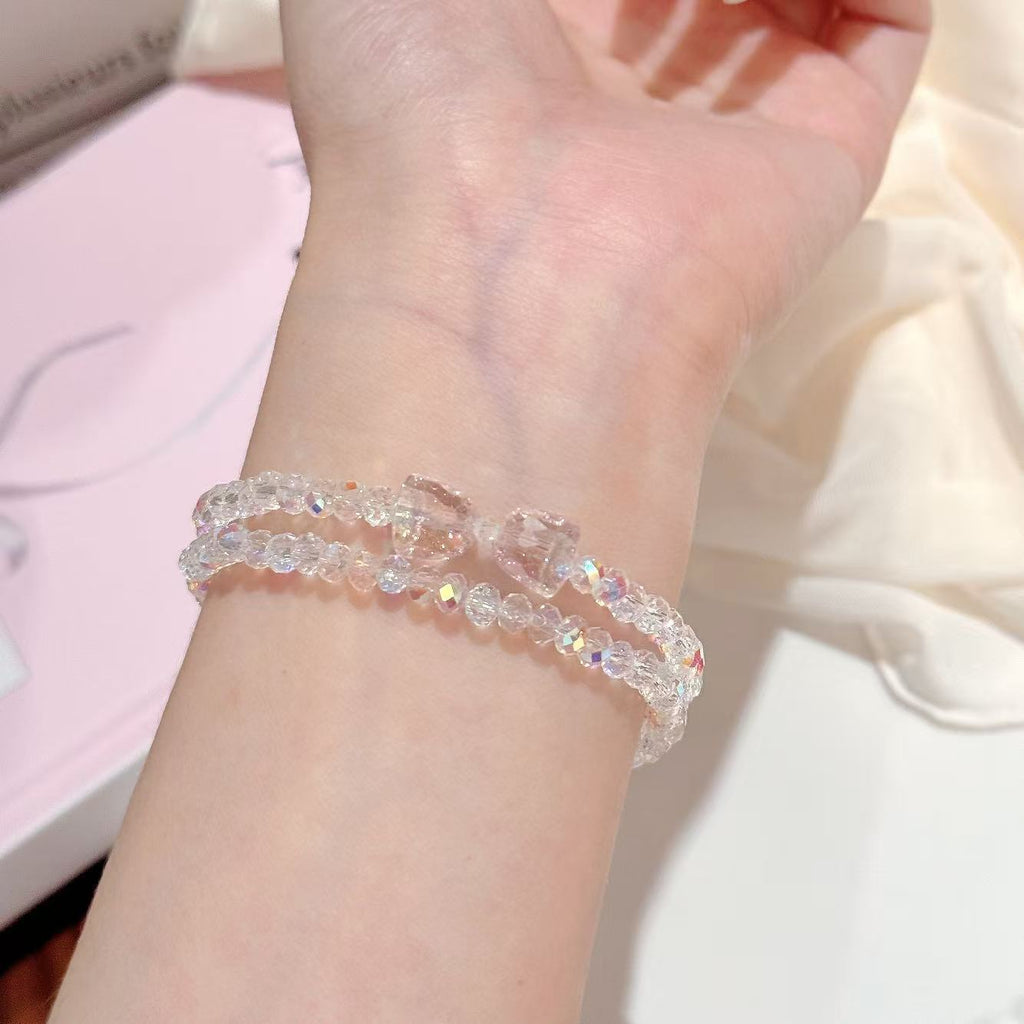 Double Layer Crystal Bracelet with Bow Charm, Luxury Exquisite Wrist Jewelry, Sweet Gift for Best Friend Birthday