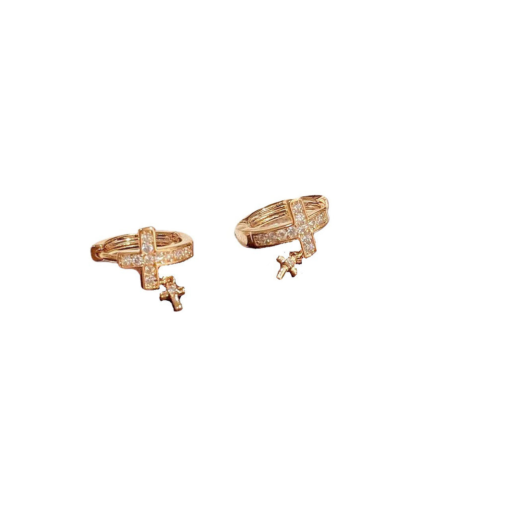 Sweet Cool Double Cross Hoop Earrings, Full Zircon Mini Simple Earrings, Light Luxury High-end Fashion New Year Ear Jewelry
