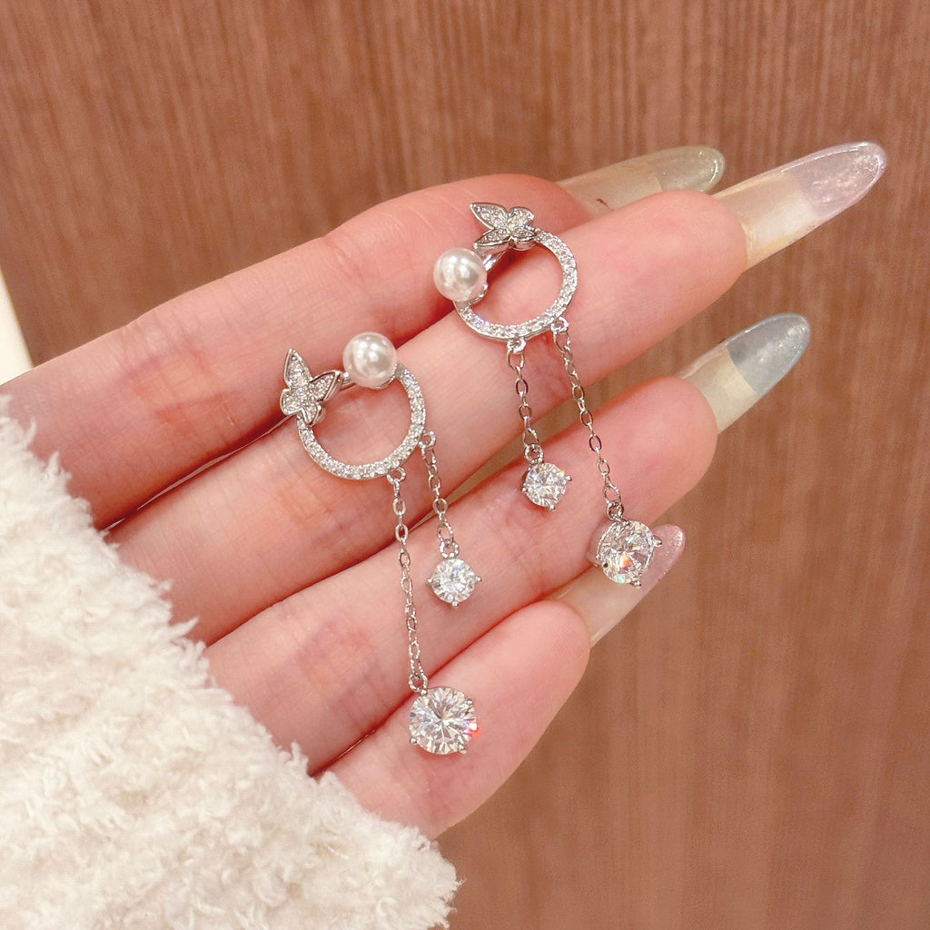 Cute Cat Dangle Earrings with Sparkling Cubic Zirconia, S925 Sterling Silver Stud Posts, Dainty Elegant All-Match Daily Commute Drop Ear Jewelry