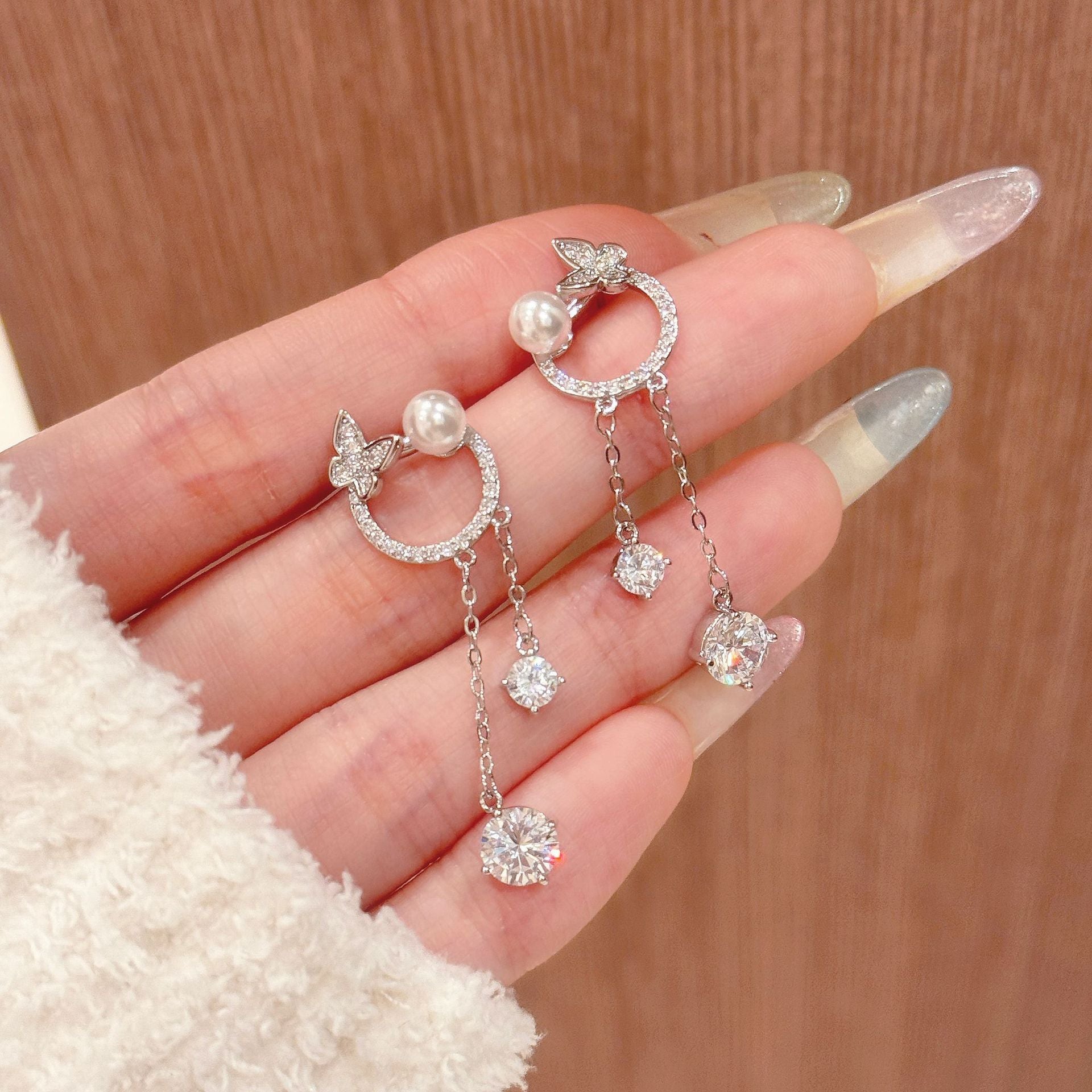 Cute Cat Dangle Earrings with Sparkling Cubic Zirconia, S925 Sterling Silver Stud Posts, Dainty Elegant All-Match Daily Commute Drop Ear Jewelry