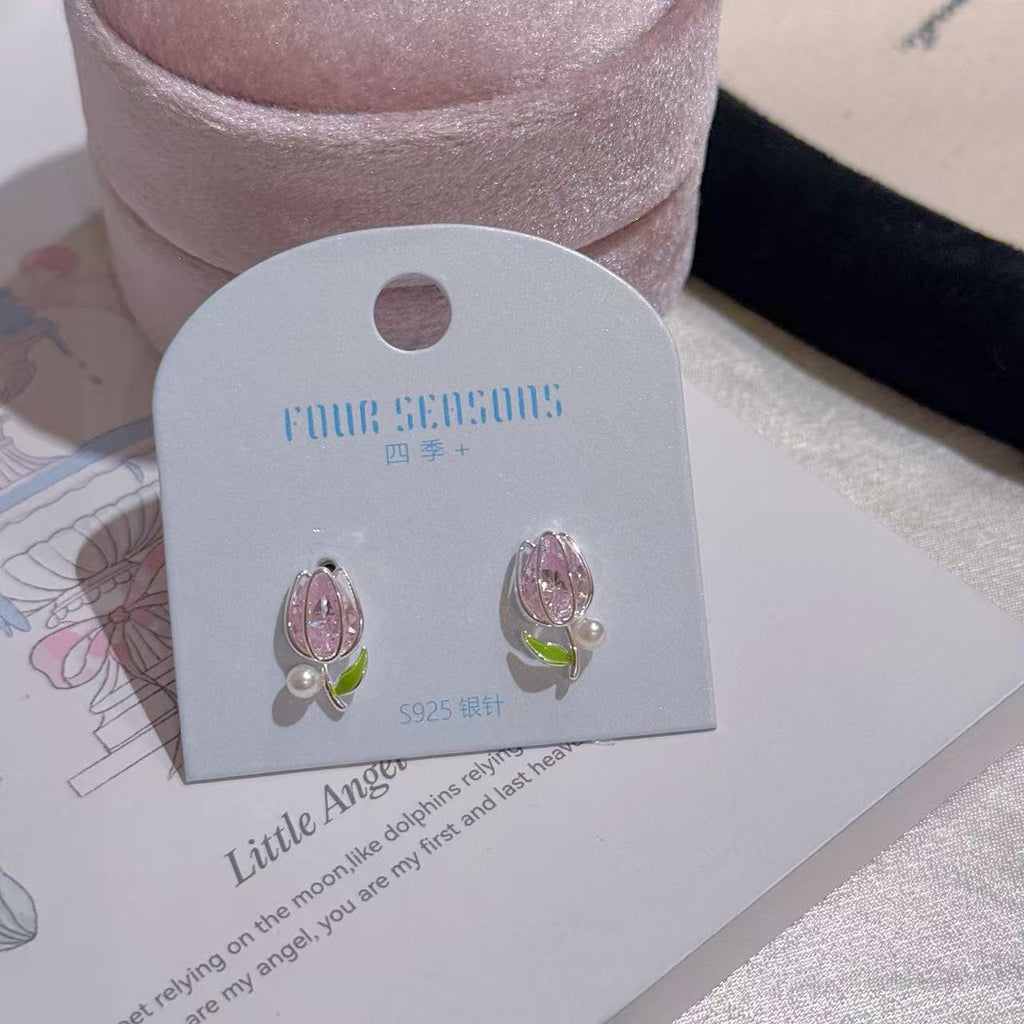Tulip Stud Earrings, Spring Sweet Light Luxury Earrings, Niche Exquisite S925 Silver Pin Versatile Girl Ear Jewelry