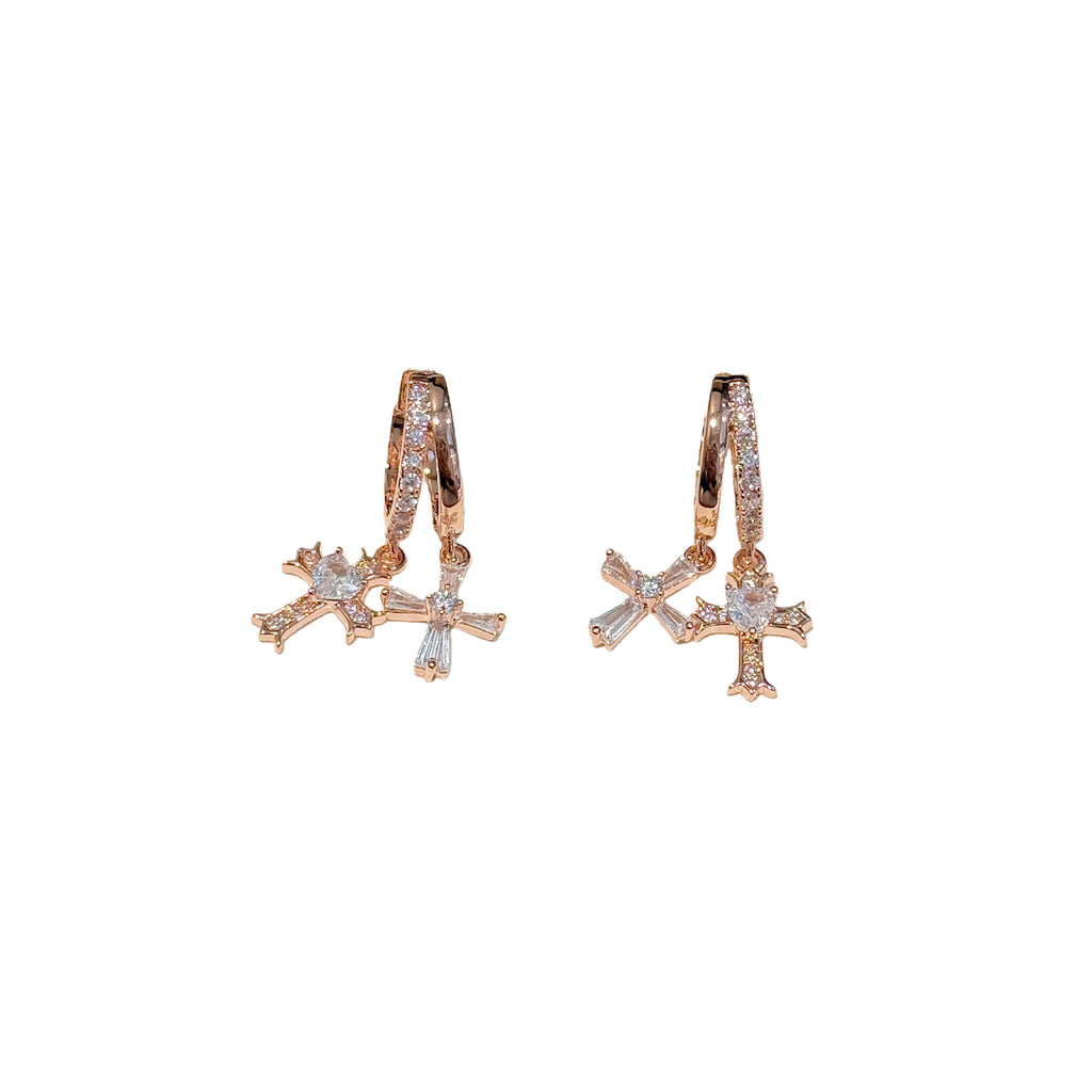 Luxury Bling Double Cross CZ Hoop Earrings Trendy Ladies Daily Earring