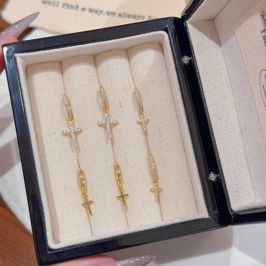 Sparkling Cubic Zirconia Cross Earring Set of 3 Pairs, Luxury Dainty Elegant All-Match Multi-Style Women Fine Ear Jewelry