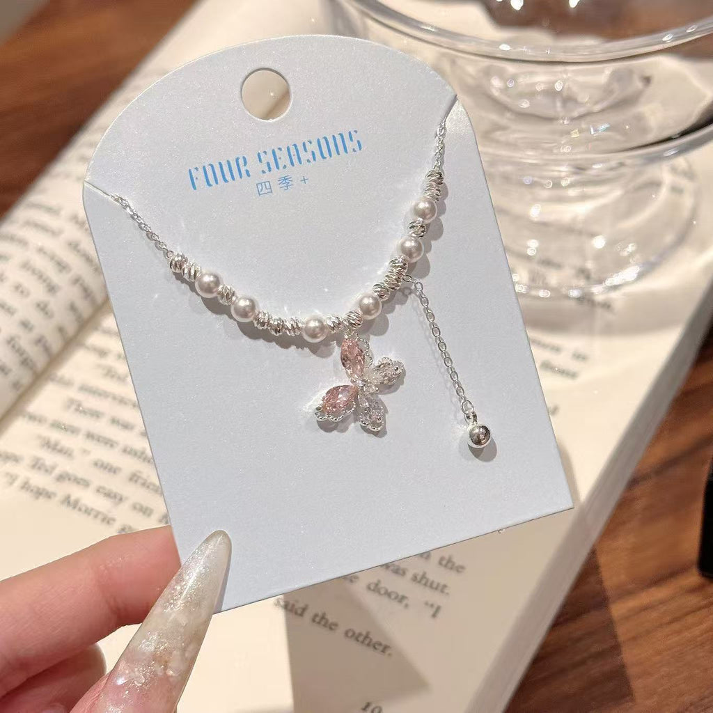 Exquisite Lace Tassel Necklace, French Butterfly Pearl Clavicle Chain, Elegant Luxury Fresh Sweet Jewelry For Daily Wear