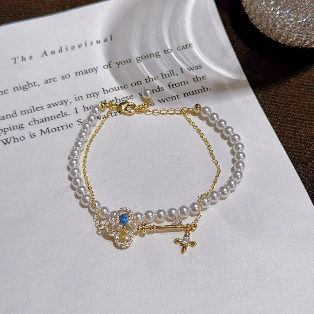 Magic Key Double Layer Pearl Bracelet, Spring New Luxury Elegant Wrist Jewelry, Exquisite Temperament All-match Bracelet